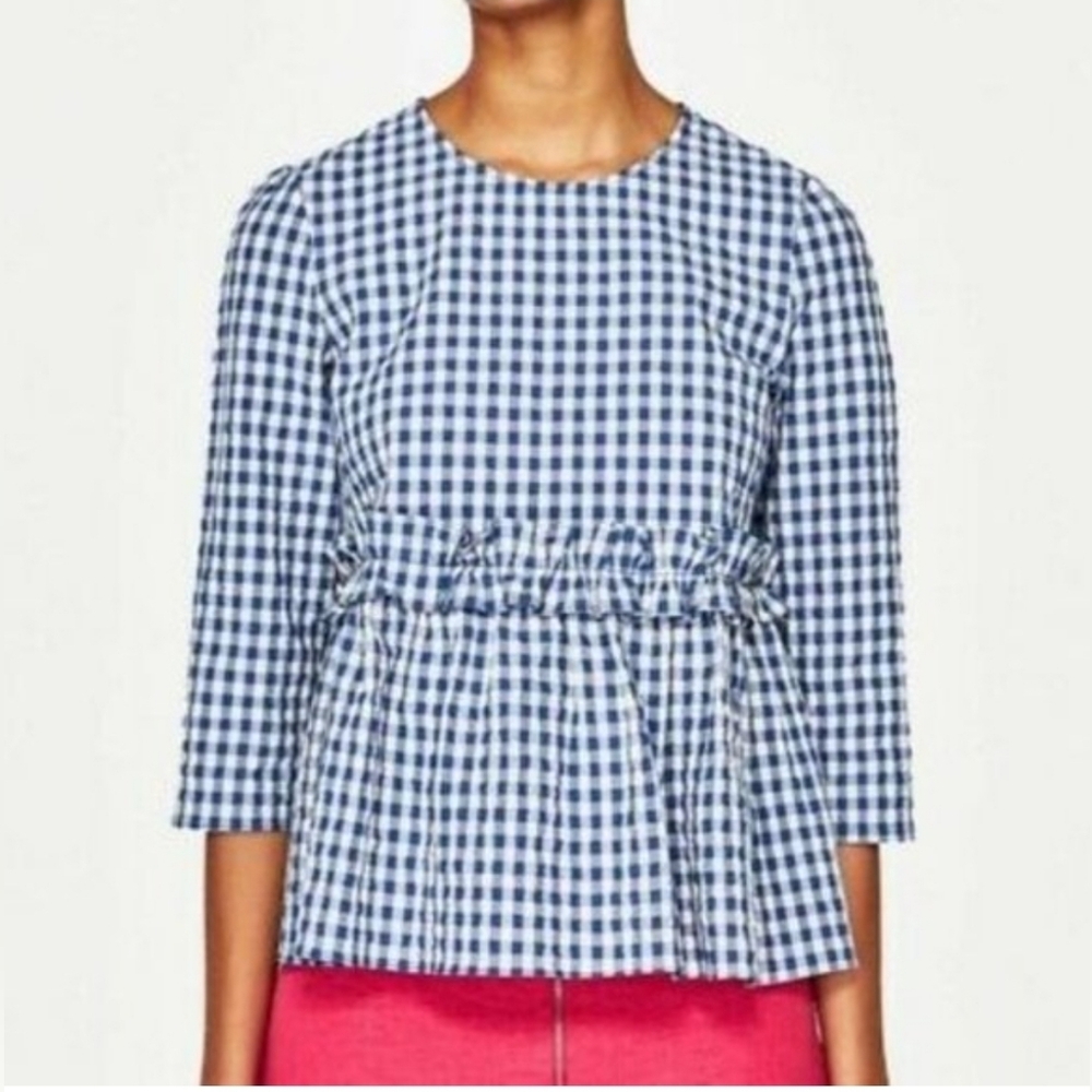 ZARA Trafaluc Collection Blue and White Plaid Babydoll Ruffle Blouse Size Small